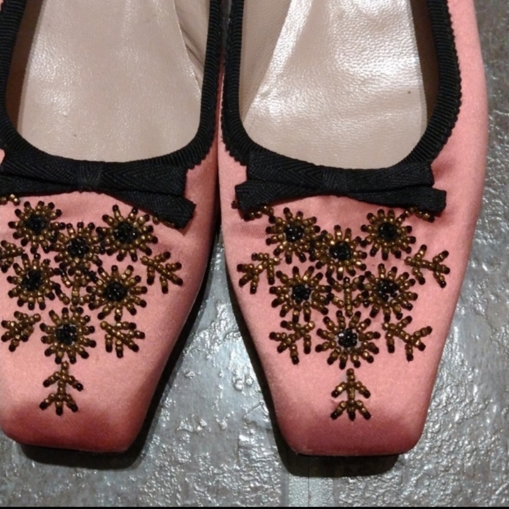 PRADA Ballerina RoseSilk Leather Bows Beads Sequins Square Toe kitten heel 37 - Picture 7 of 9